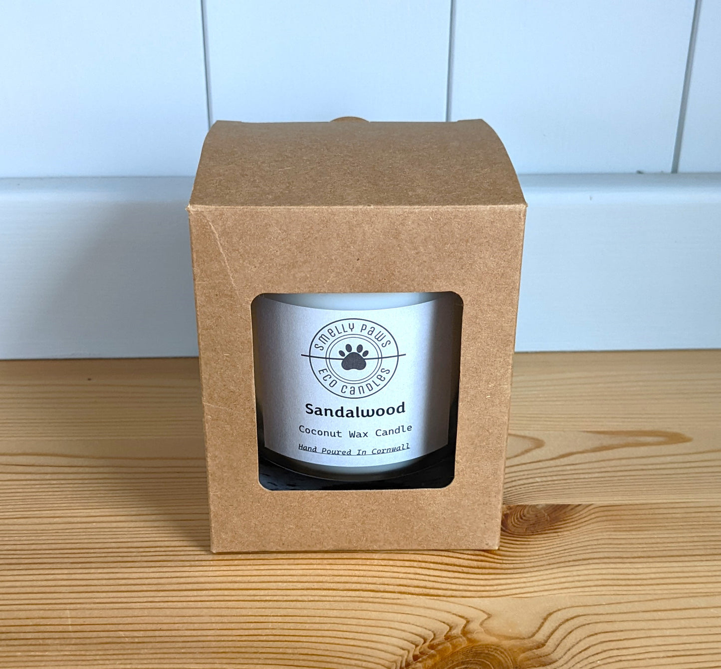 Sandalwood candle in brown cardboard presentation box